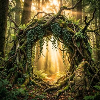 Ein mystischer Torbogen aus uralten Wurzeln und Ranken führt in einen lichtdurchfluteten Wald, bewacht von einem kleinen, freundlichen Wurzelgnom im Vordergrund.
